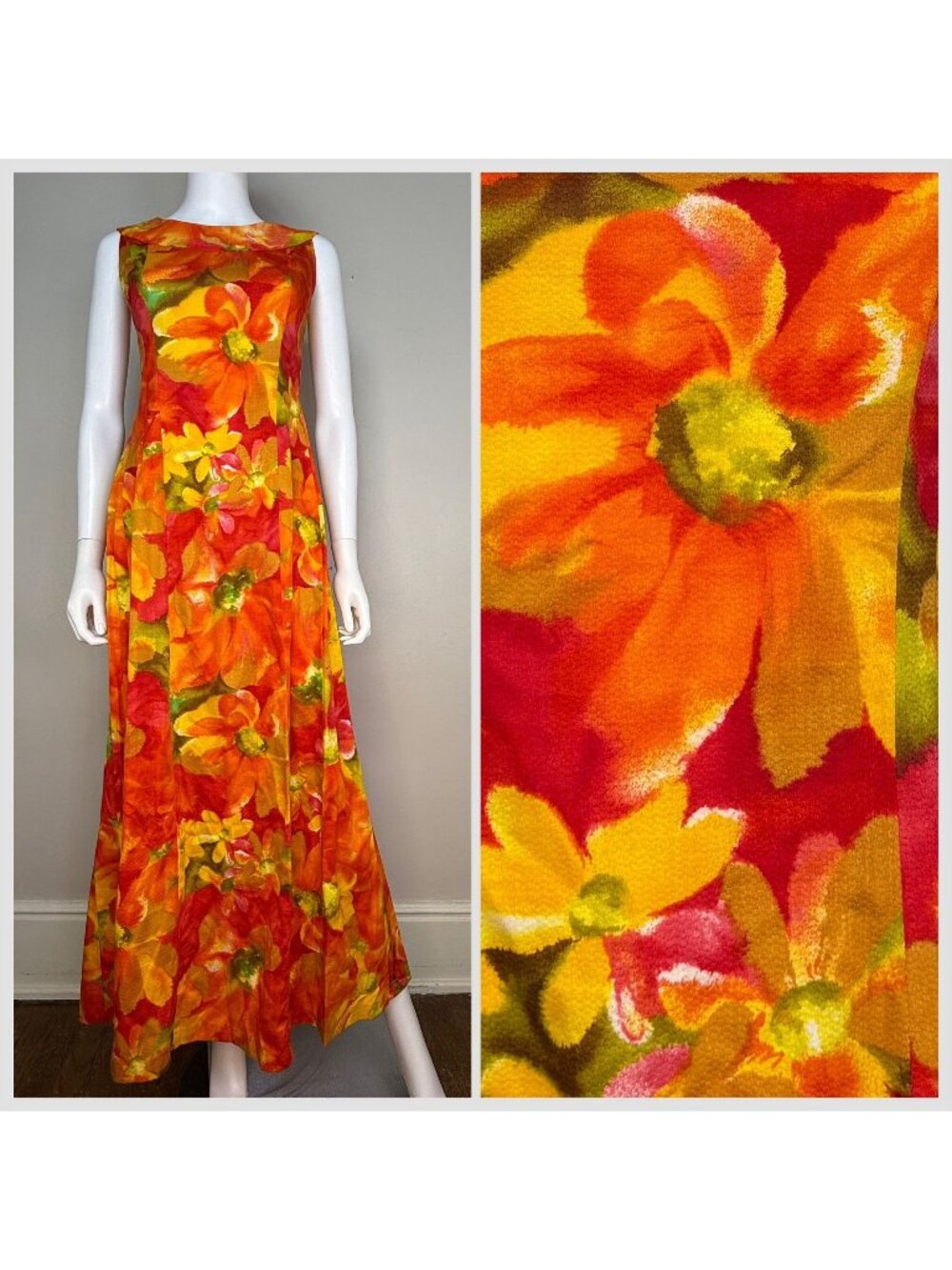 Vintage 1960s Orange Hawaiian Floral Sleeveless Maxi Dress Karen Ann Hawaii XS/S